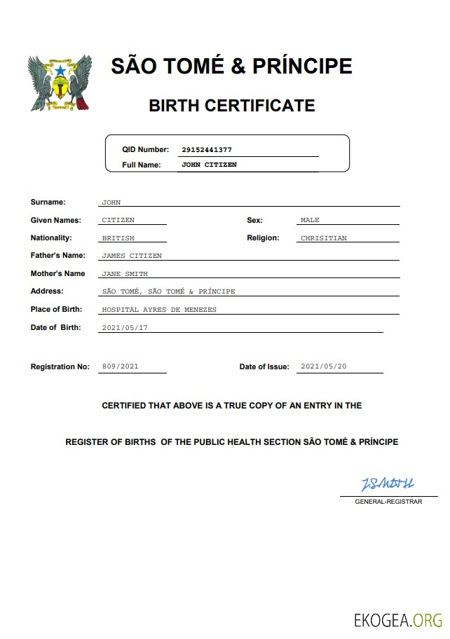 Acte d'état civil de Sao Tomé et Principe modèle Word et PDF